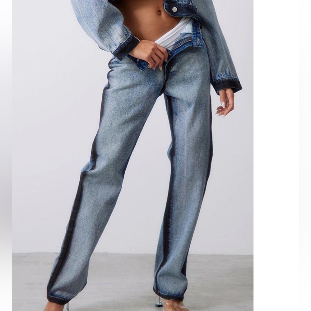 PLT Indigo Blue Wash Contrast Edge Washed Down Straight Leg Denim Jeans